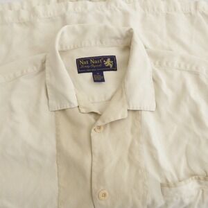 Nat Nast Mens Bowling Silk Button Up Shirt Beige Short Sleeve Medium